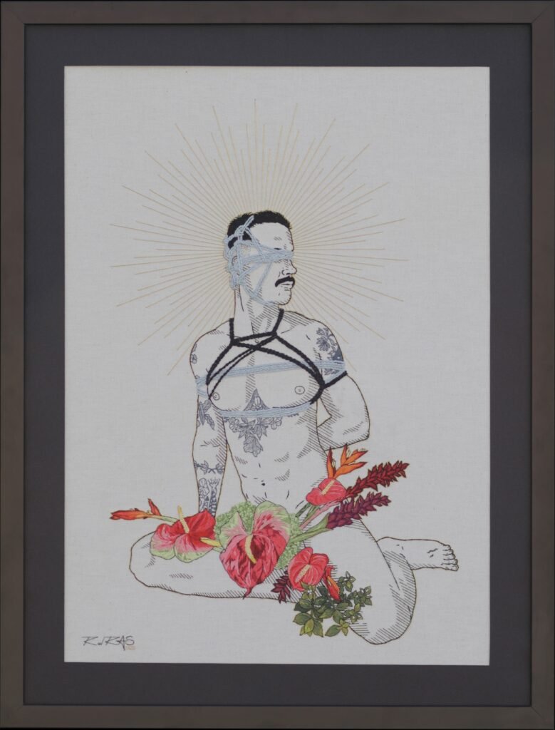 «Autorretrato Shibari & Flores - 3» (2025), Rod RAS — obra em bordado