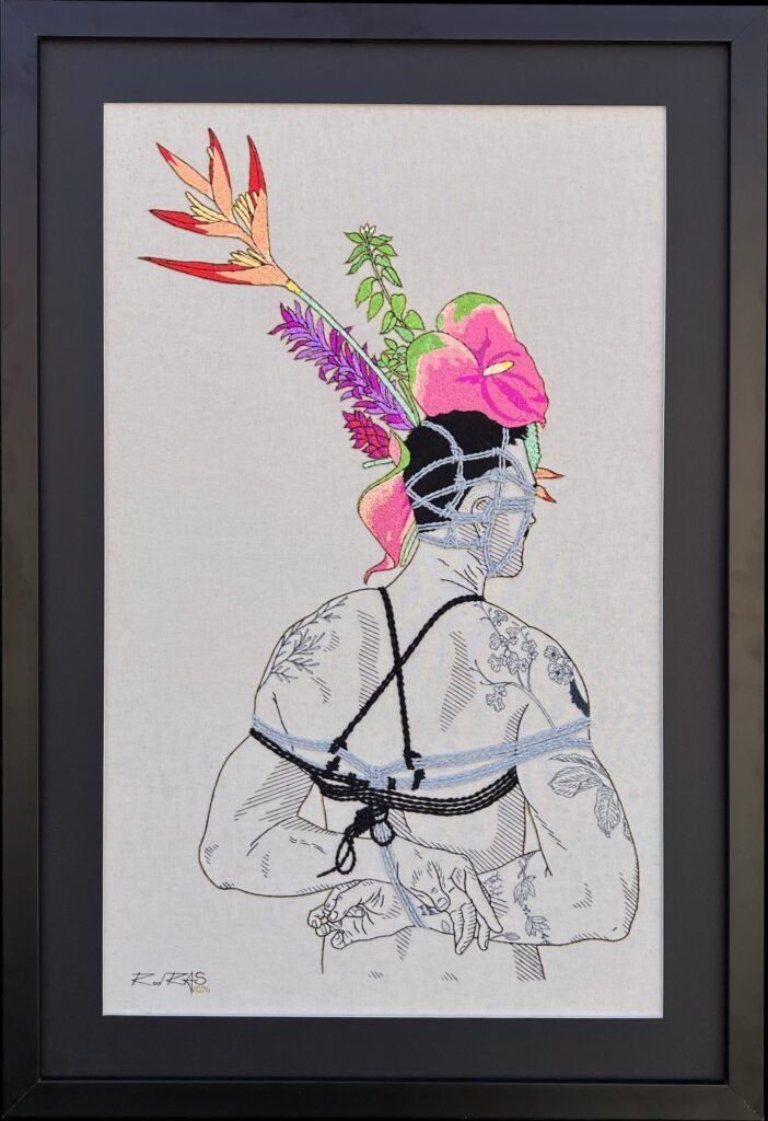 «Autorretrato Shibari & Flowers - 9» (2026), Rod RAS — obra em bordado
