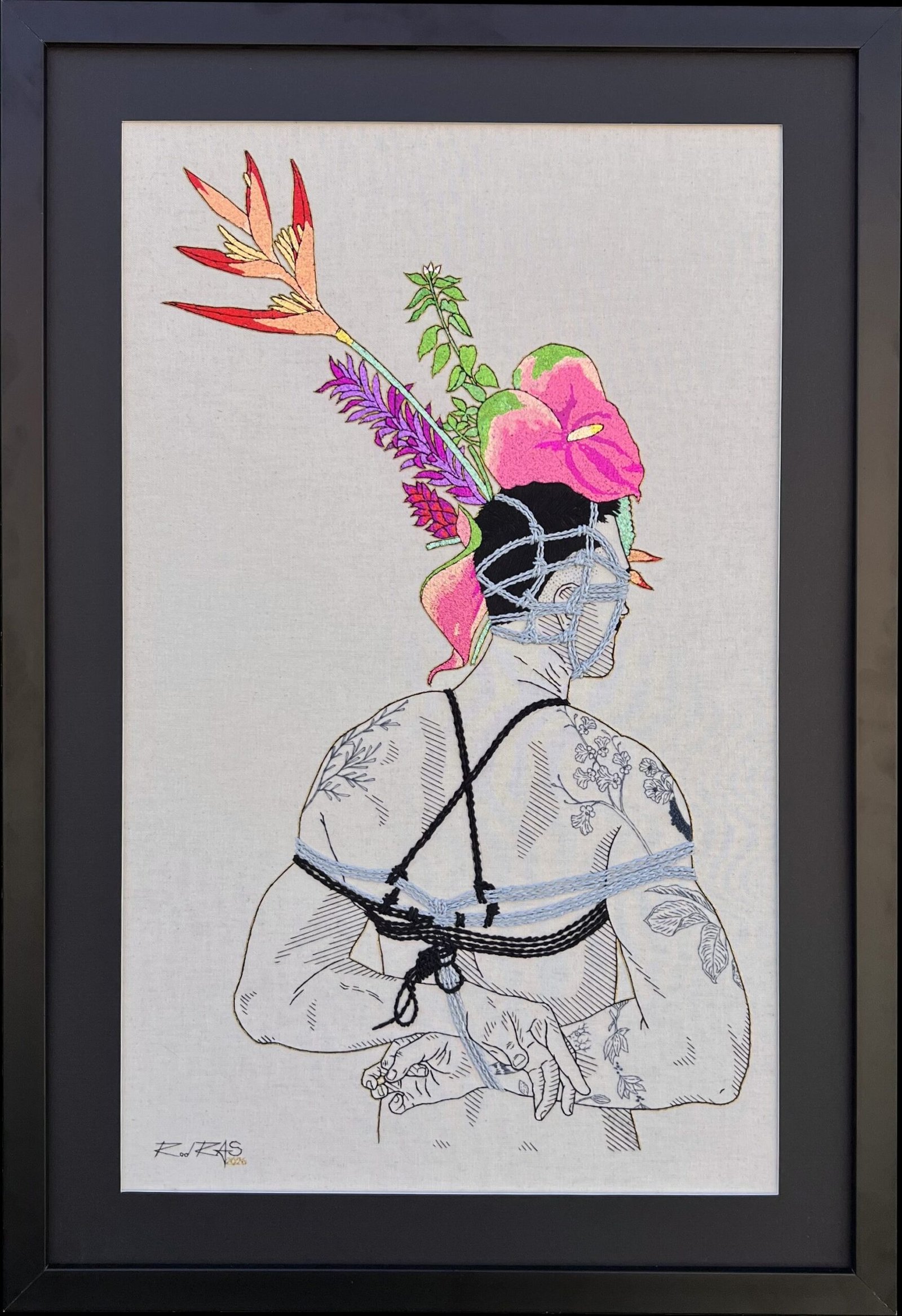«Autorretrato Shibari & Flowers - 9» (2026), Rod RAS — obra em bordado