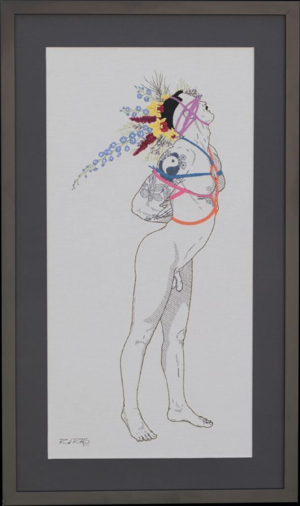 «Autorretrato Shibari & Flores - 4» (2025), Rod RAS — obra em bordado